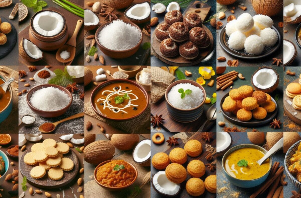Desiccated Coconut - A close-up view of a bowl filled with finely shredded desiccated coconut surrounded by various dishes cooked using desiccated coconut.