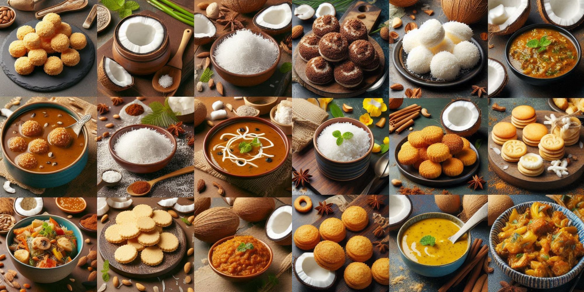 Desiccated Coconut: Versatile Ingredient in Culinary Creations Desiccated Coconut - A close-up view of a bowl filled with finely shredded desiccated coconut surrounded by various dishes cooked using desiccated coconut.