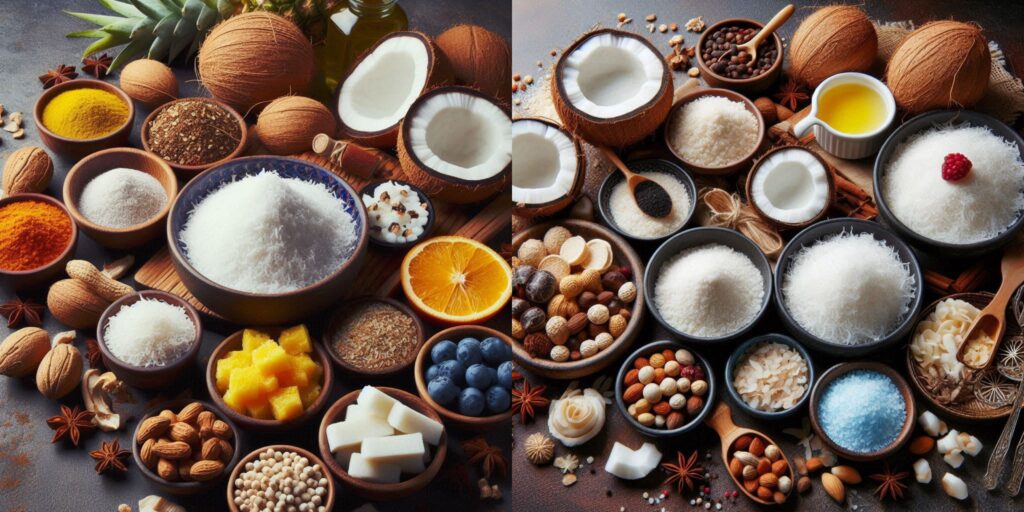 Collage showcasing desiccated coconut flakes, illustrating the versatility and texture of "what is desiccated coconut".