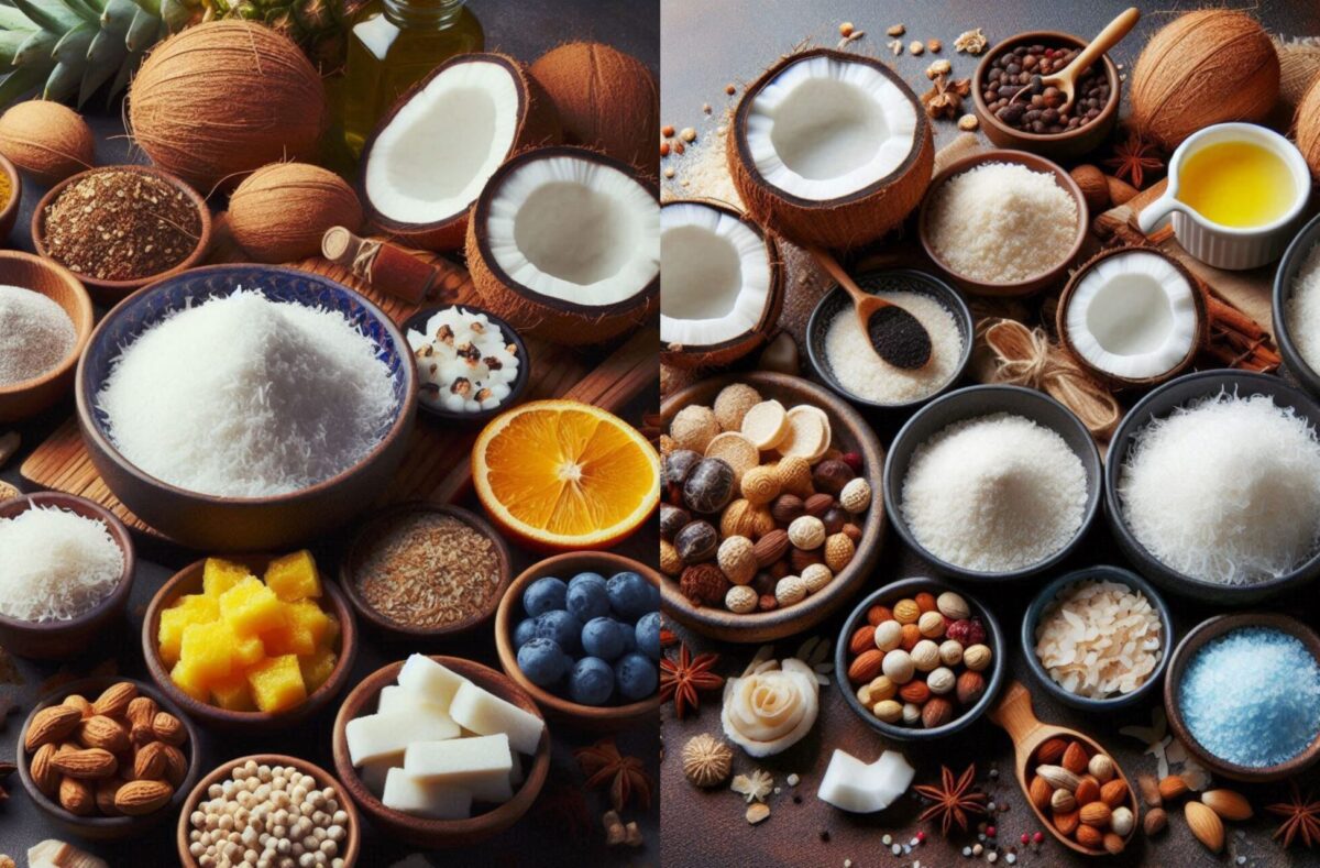 Collage showcasing desiccated coconut flakes, illustrating the versatility and texture of "what is desiccated coconut".