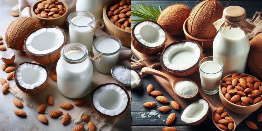 Comparison image of coconut milk vs almond milk containers, illustrating their differences in texture and packaging.