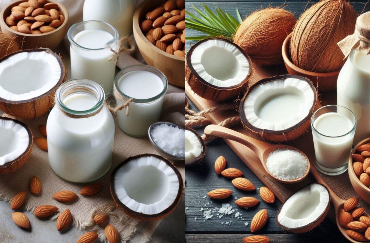 Comparison image of coconut milk vs almond milk containers, illustrating their differences in texture and packaging.