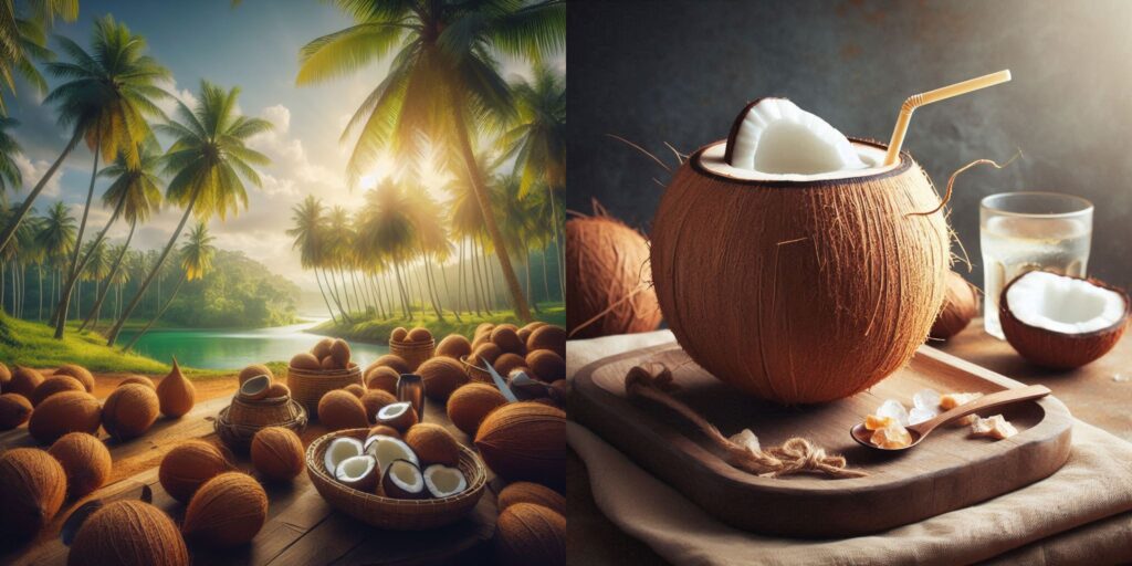 Coconut Water Nutrition Facts - Glass of coconut water with coconut palm trees in the background, symbolizing its nutritional benefits and natural hydration properties.