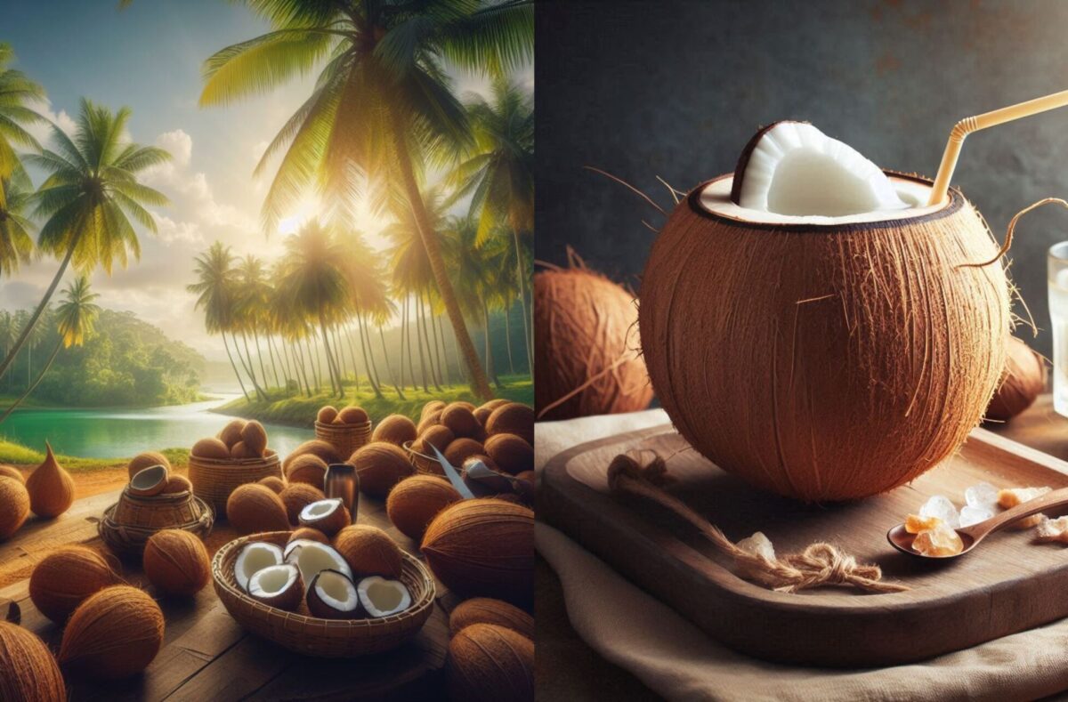 Coconut Water Nutrition Facts - Glass of coconut water with coconut palm trees in the background, symbolizing its nutritional benefits and natural hydration properties.