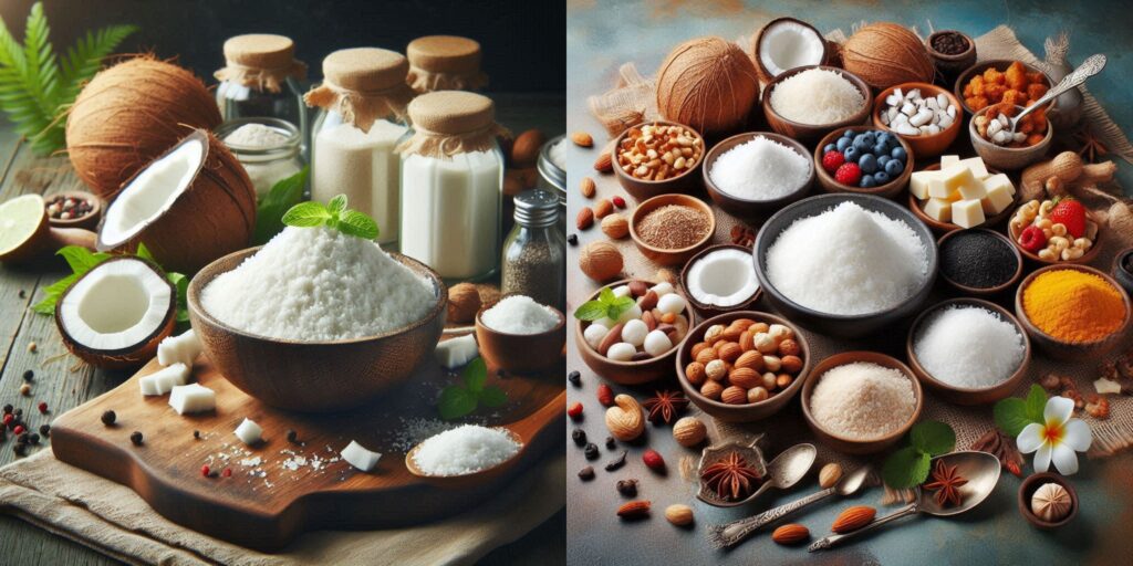 Collage of dishes highlighting the versatility of Grated Coconut in culinary creations.