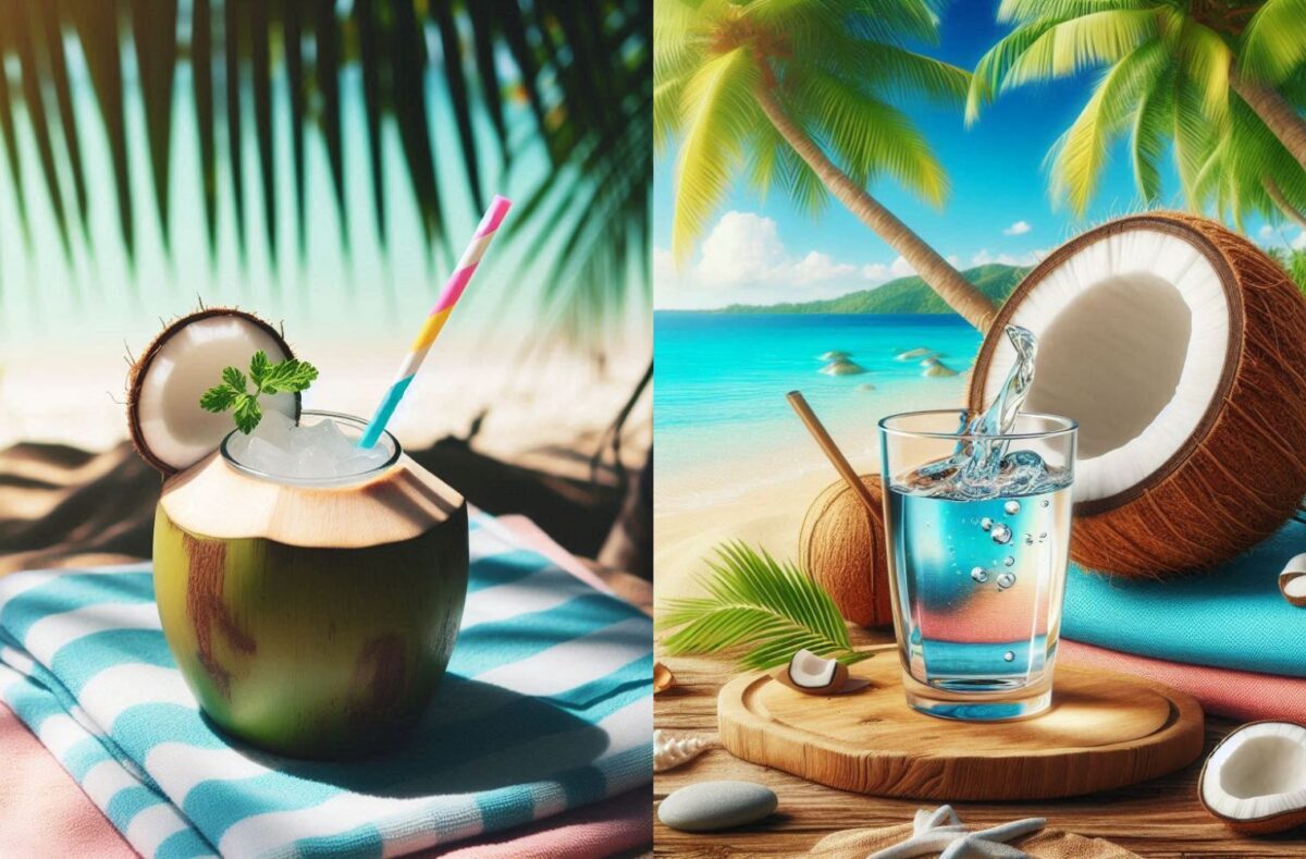 Glass of coconut water with a slice of coconut on the side, showcasing Coconut Water Nutrition Facts