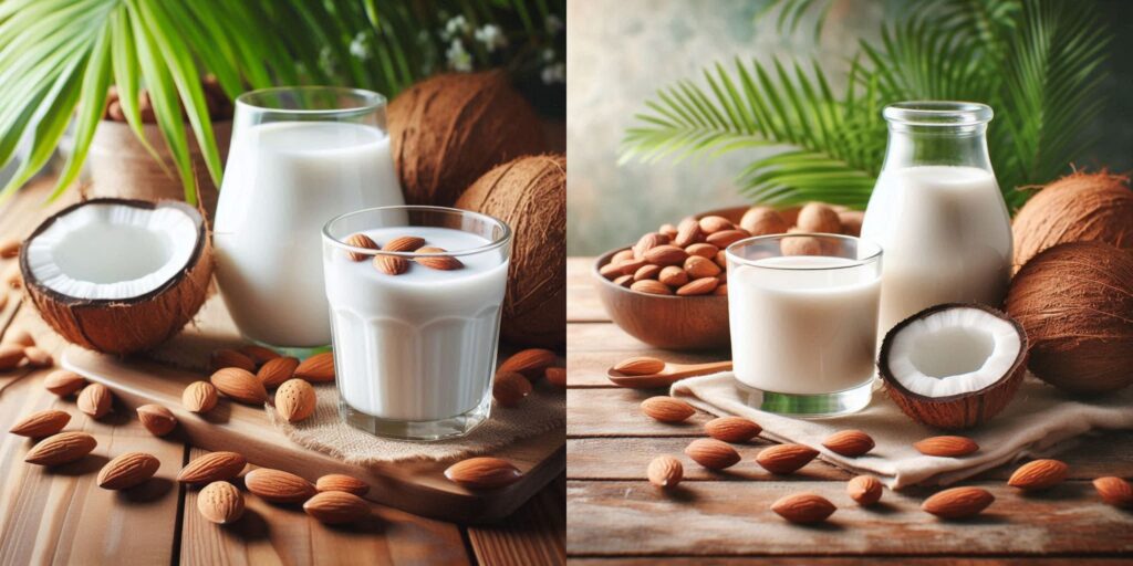 bowl of almond milk and a coconut milk , illustrating the comparison between coconut milk vs almond milk.
