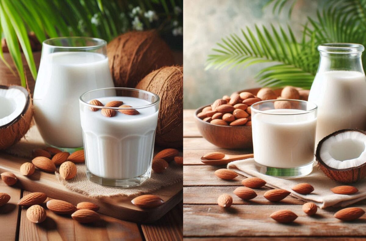 bowl of almond milk and a coconut milk , illustrating the comparison between coconut milk vs almond milk.
