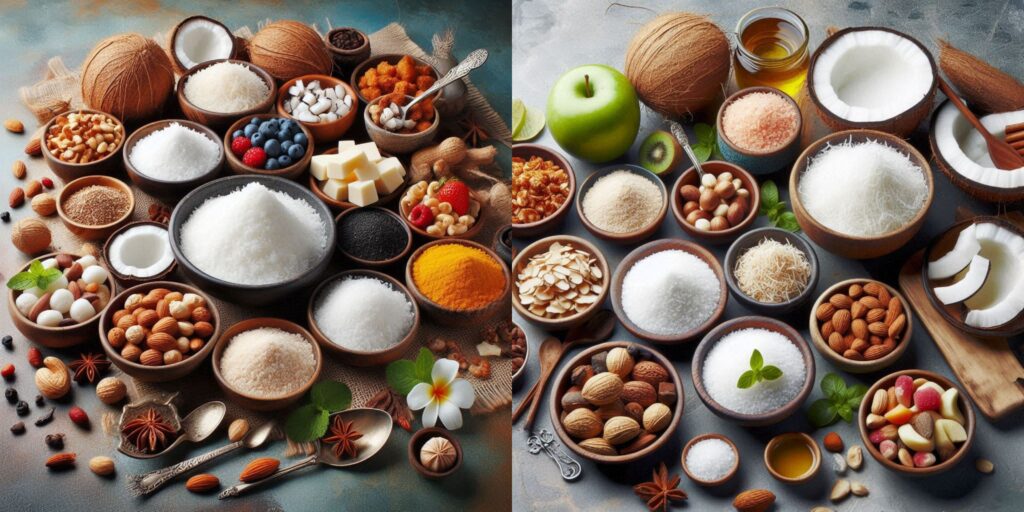 Close-up of coconut Recipes with desiccated coconut flakes on a wooden surface.
