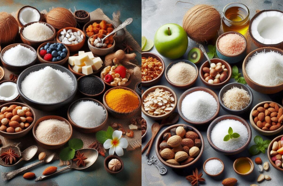 Close-up of coconut Recipes with desiccated coconut flakes on a wooden surface.