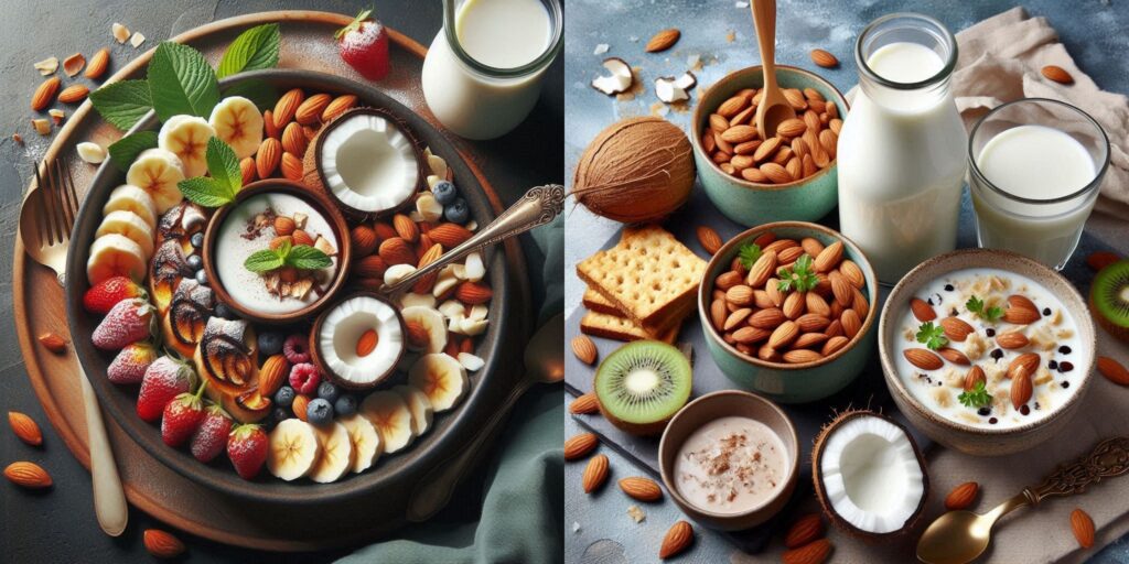 Comparison of coconut milk vs almond milk in glass containers with coconut and almonds