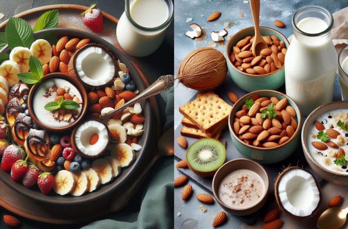 Comparison of coconut milk vs almond milk in glass containers with coconut and almonds