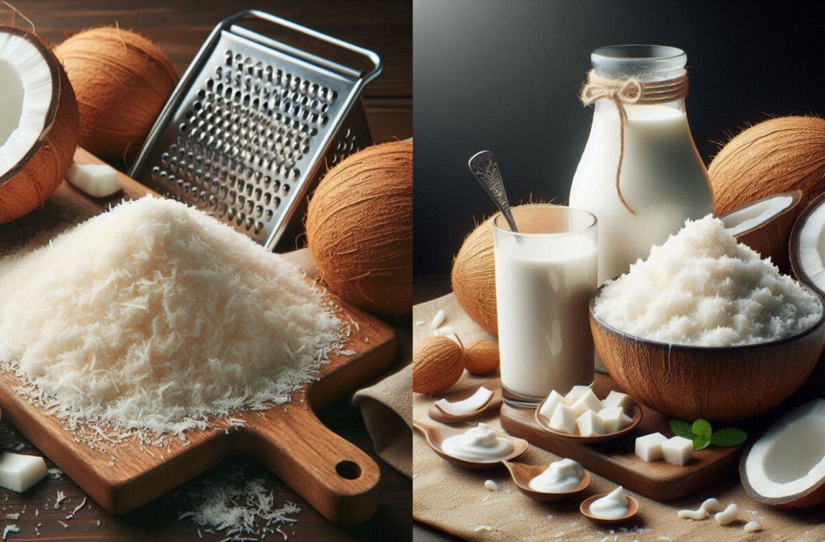A frosted cupcake topped with desiccated coconut flakes, creating a snowy effect.