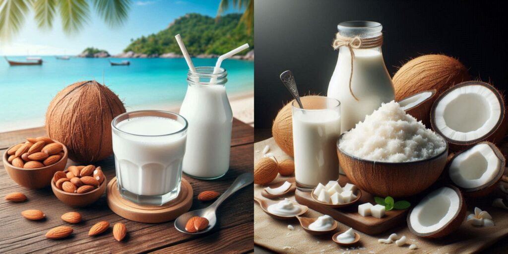 Comparison of coconut milk vs almond milk in glass jars on a wooden table.