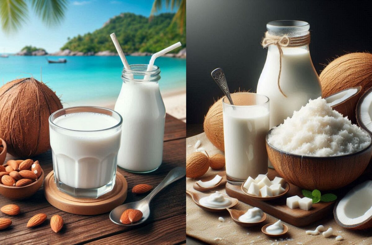 Comparison of coconut milk vs almond milk in glass jars on a wooden table.