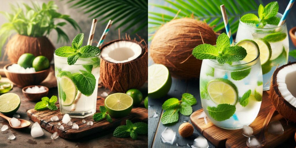 Coconut Water Nutrition Facts - A glass of coconut water with ice cubes and a slice of lime on a wooden table.