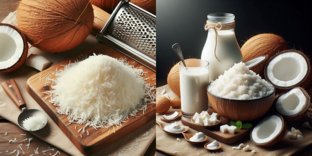 Fresh Grated Coconut - Close-up view of fluffy white grated coconut.