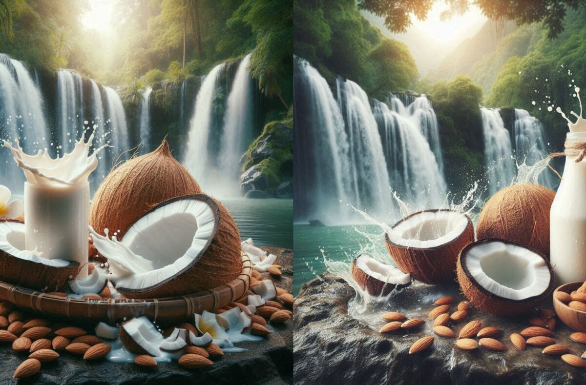 Comparing coconut milk vs almond milk in glasses to determine the healthier choice