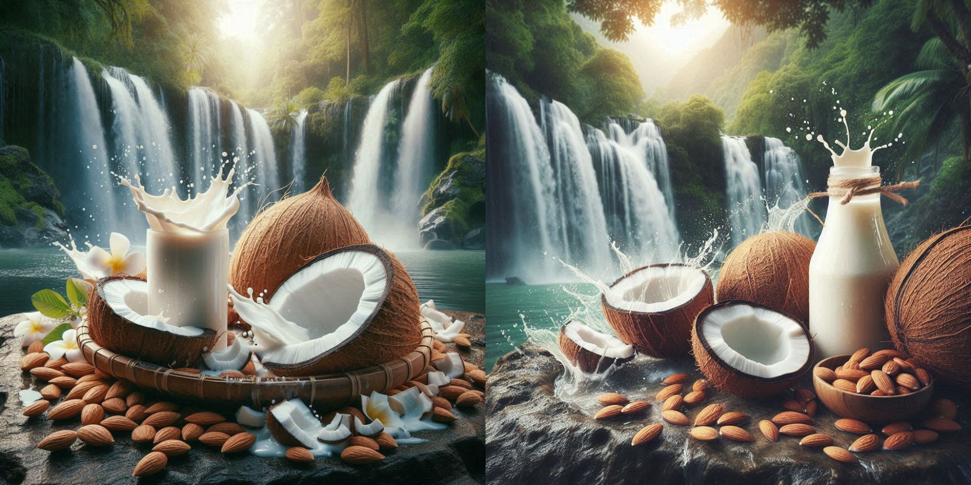 Comparing coconut milk vs almond milk in glasses to determine the healthier choice