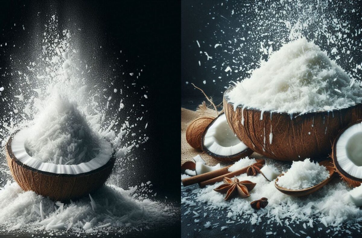 Grated Coconut: A variety of grated coconut products displayed, highlighting tips for choosing the best quality.