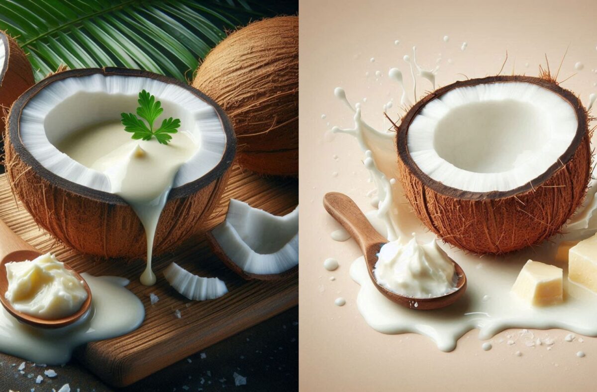 Coconut Butter vs Coconut Oil: Jars of coconut butter and coconut oil with nutritional labels, illustrating their differences.