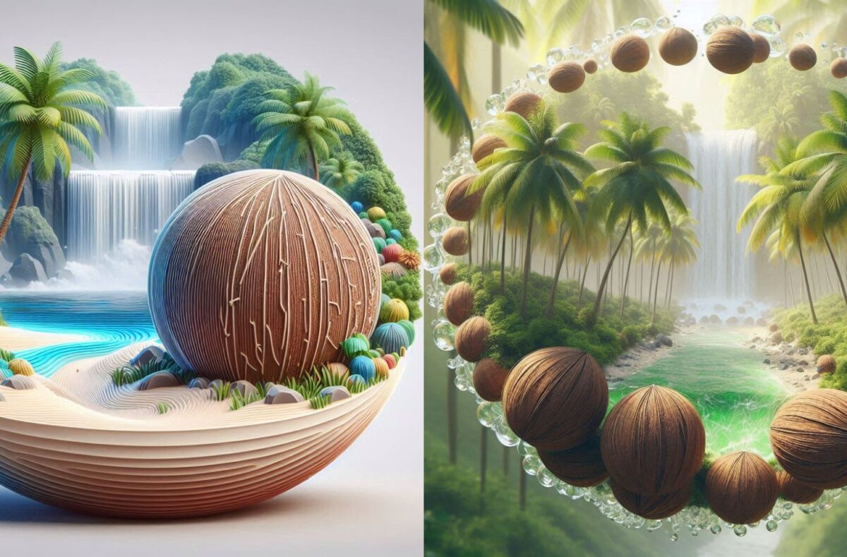 Colorful tropical smoothies made with grated coconut, garnished with fruits and served in clear glasses on a sunny backdrop.