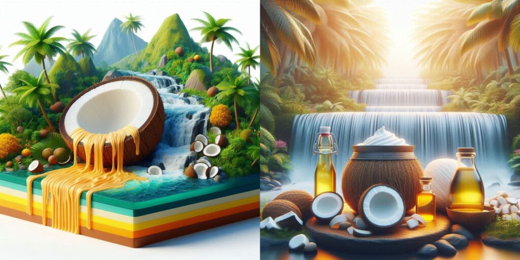 Coconut butter vs coconut oil in jars, with fresh coconuts and cooking ingredients, illustrating common myths and facts about both products.