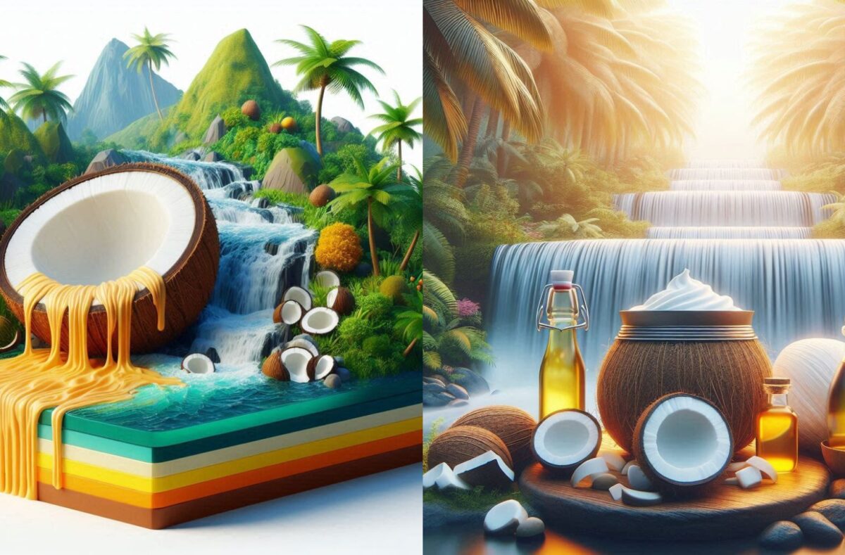 Coconut butter vs coconut oil in jars, with fresh coconuts and cooking ingredients, illustrating common myths and facts about both products.