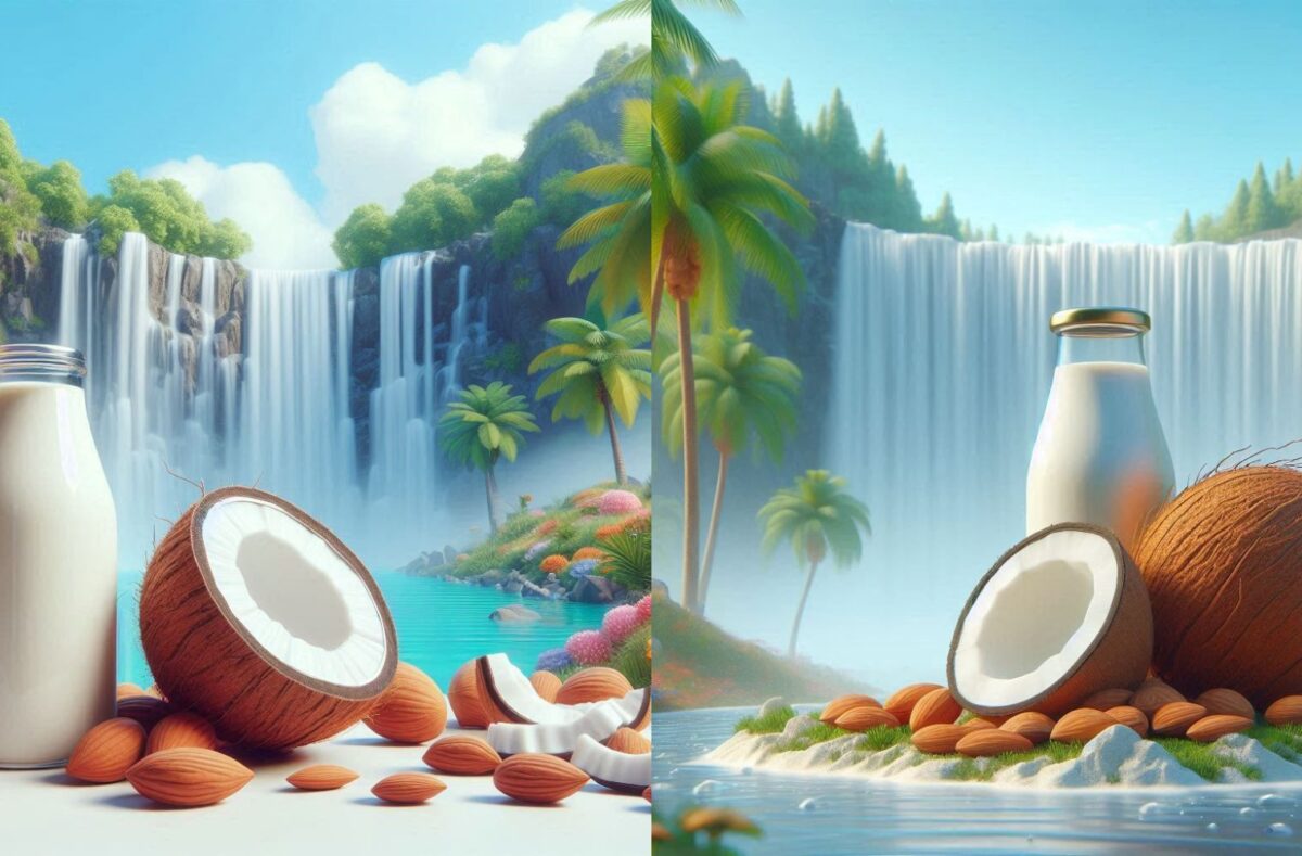 A comparison of coconut milk vs almond milk in various dishes, showcasing their uses in smoothies, desserts, and cooking.