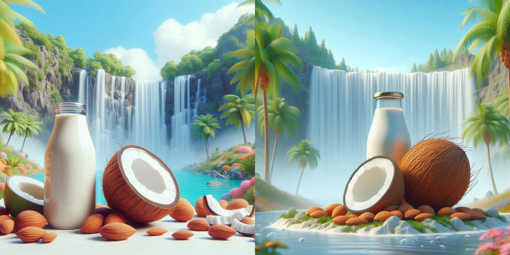 A comparison of coconut milk vs almond milk in various dishes, showcasing their uses in smoothies, desserts, and cooking.