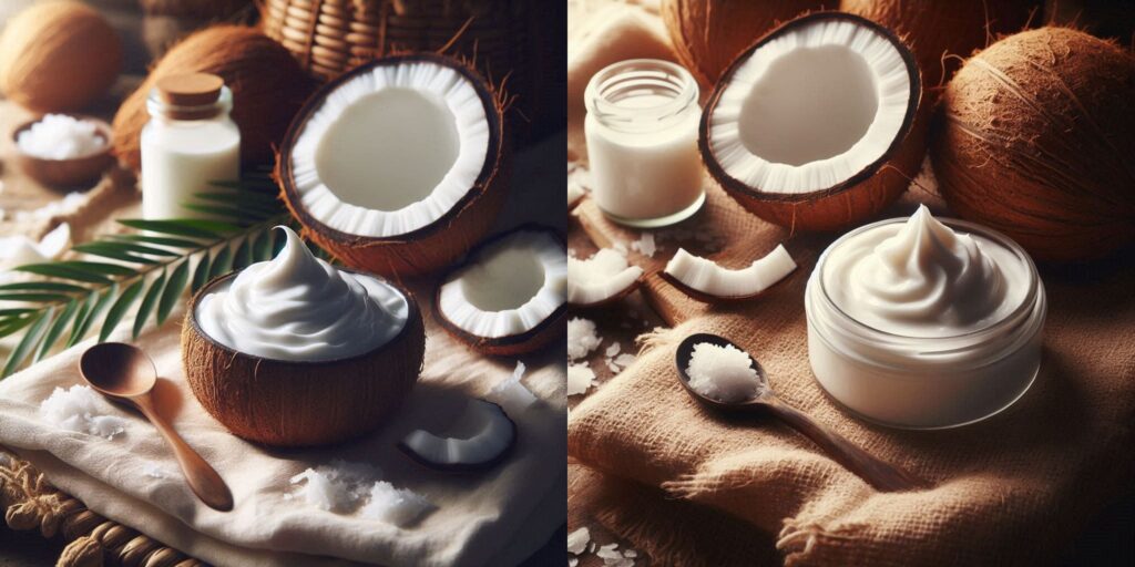 A bowl of creamy coconut cream uses with fresh coconuts in the background, highlighting its uses and benefits.