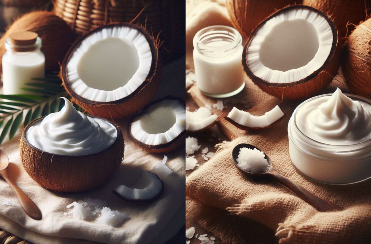 A bowl of creamy coconut cream uses with fresh coconuts in the background, highlighting its uses and benefits.