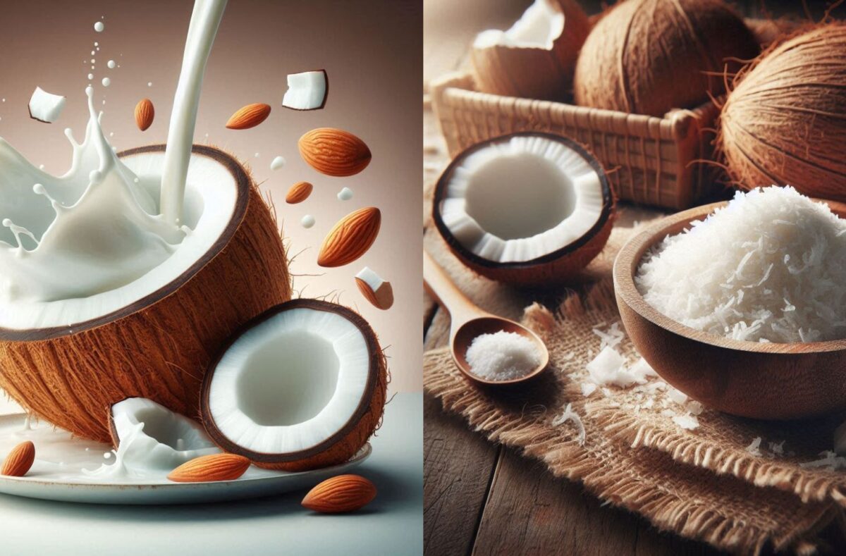 Grated coconut in a bowl with coconut pieces, showcasing its use for healthy recipes and cooking.