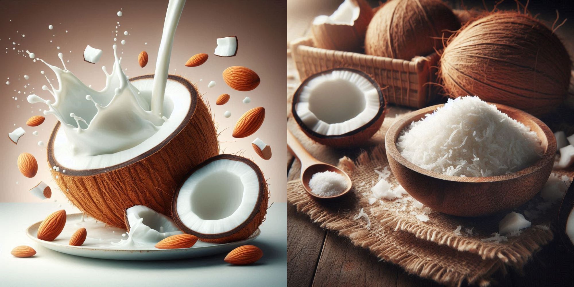 Grated coconut in a bowl with coconut pieces, showcasing its use for healthy recipes and cooking.
