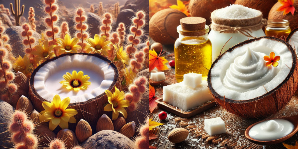 Comparison of Coconut Milk vs Almond Milk in a glass with a healthy background