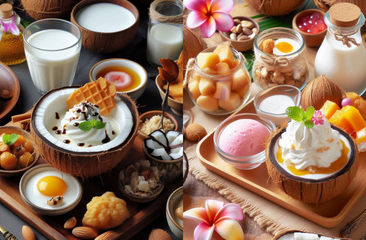 Glass of creamy coconut smoothie topped with coconut flakes - Coconut Cream Uses in Drinks