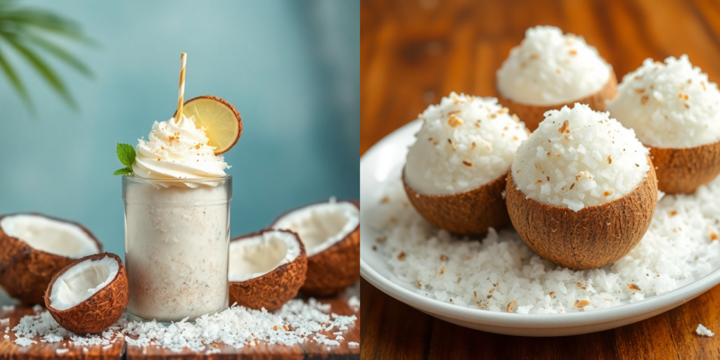 Desiccated coconut in a wooden bowl with fresh coconut in the background.
