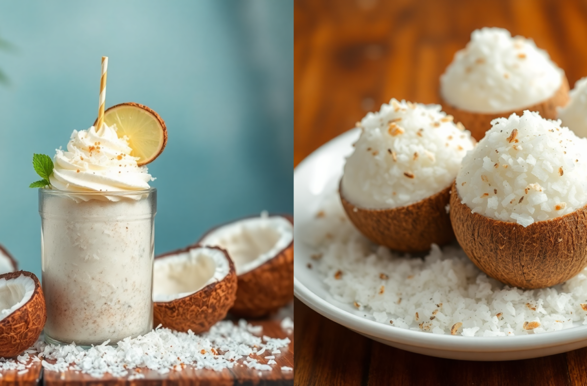 Desiccated coconut in a wooden bowl with fresh coconut in the background.