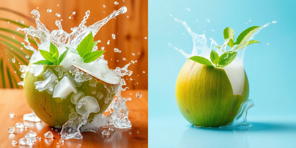 A refreshing glass of coconut water with fresh coconuts, highlighting its nutrition and health benefits.