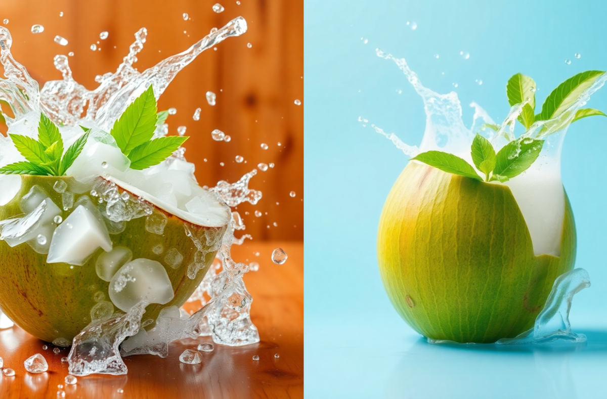 A refreshing glass of coconut water with fresh coconuts, highlighting its nutrition and health benefits.