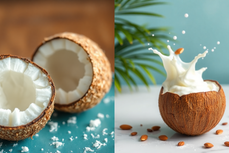 Untitled design (17) A bowl of freshly grated coconut with a wooden spoon, highlighting its health benefits.
