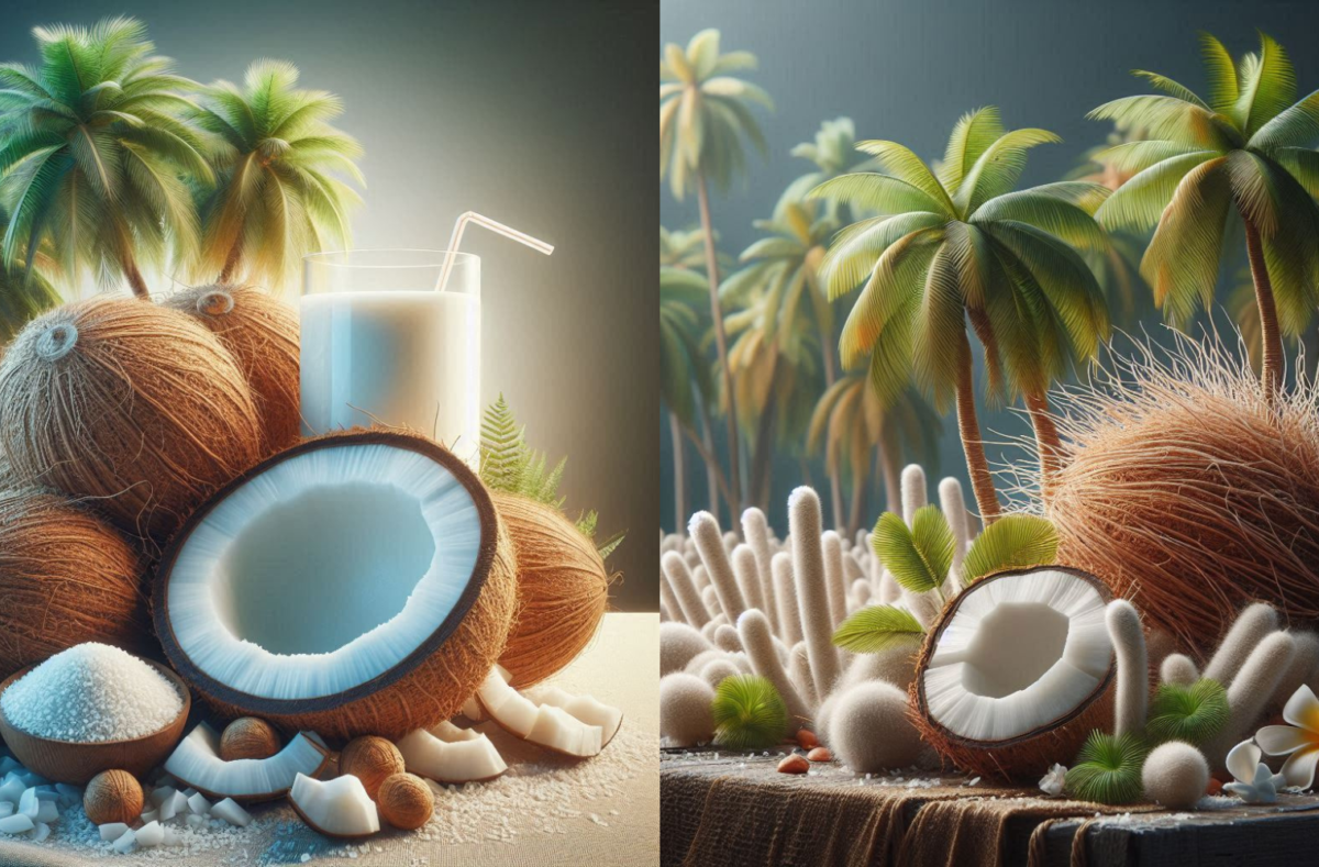 A close-up of grated coconut in a bowl with fresh coconut halves and a spoon, showcasing its natural texture and freshness.