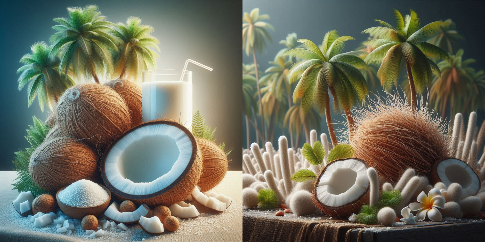 Untitled design (10) A close-up of grated coconut in a bowl with fresh coconut halves and a spoon, showcasing its natural texture and freshness.