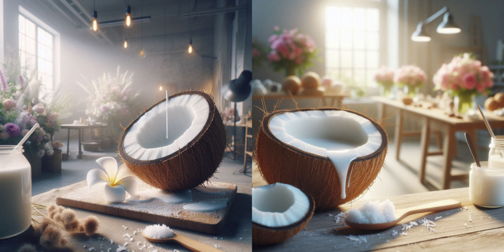 A bowl of desiccated coconut next to whole coconuts and a wooden spoon, highlighting its fine texture and natural appeal. understanding what is desiccated coconut.