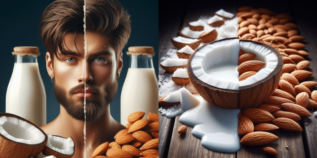 A side-by-side comparison of coconut milk vs almond milk in glass bottles with fresh coconut and almonds in the background.
