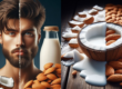 A side-by-side comparison of coconut milk vs almond milk in glass bottles with fresh coconut and almonds in the background.