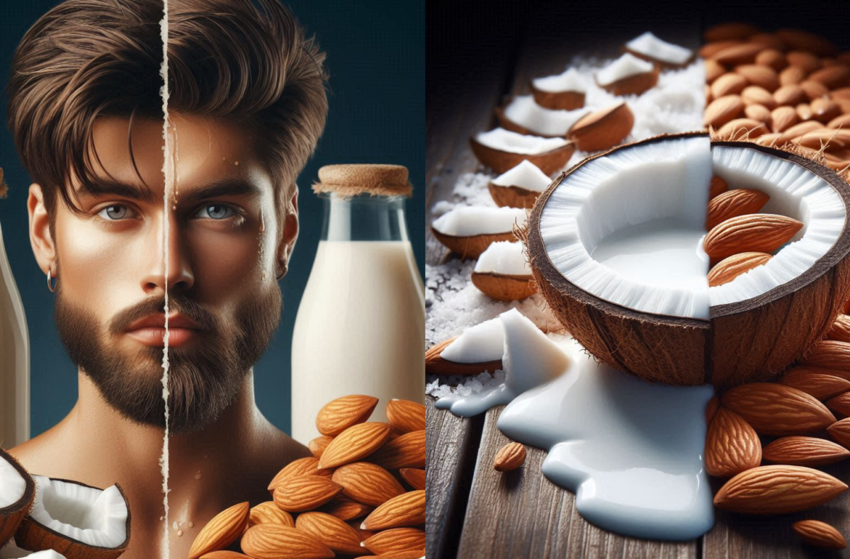 A side-by-side comparison of coconut milk vs almond milk in glass bottles with fresh coconut and almonds in the background.