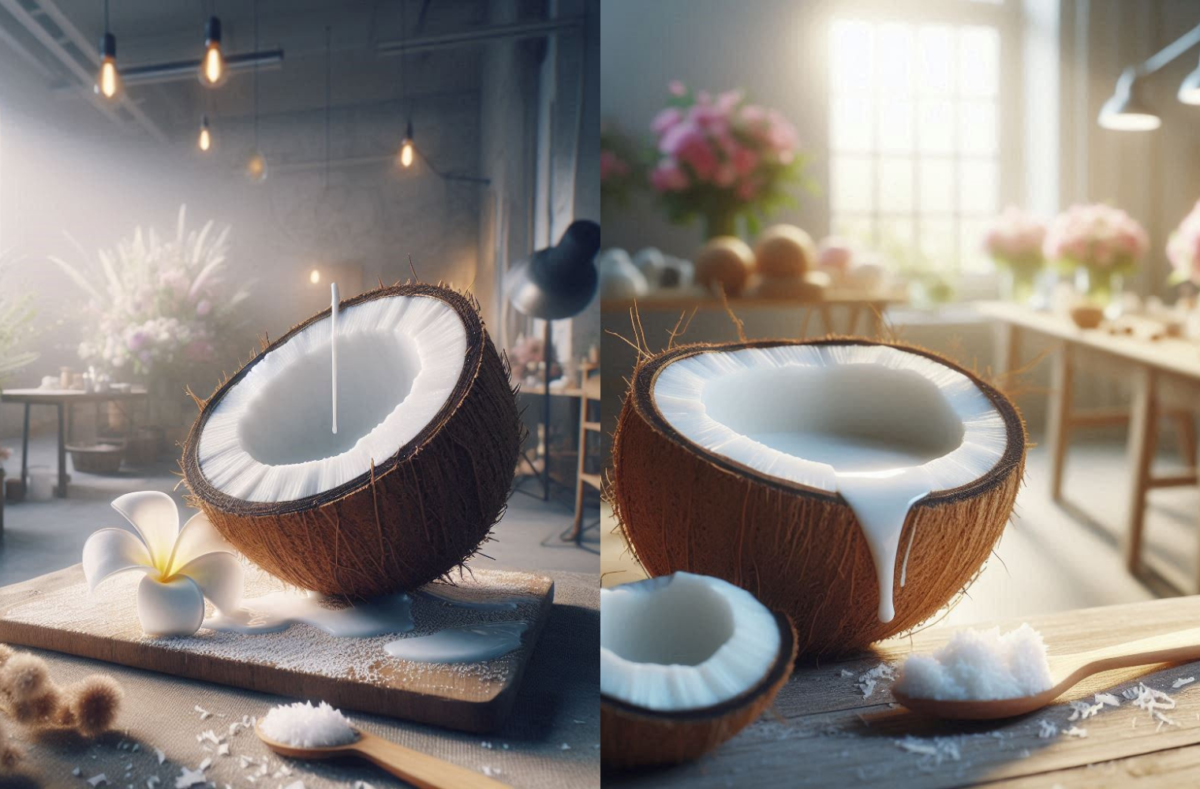 A bowl of desiccated coconut next to whole coconuts and a wooden spoon, highlighting its fine texture and natural appeal. understanding what is desiccated coconut.