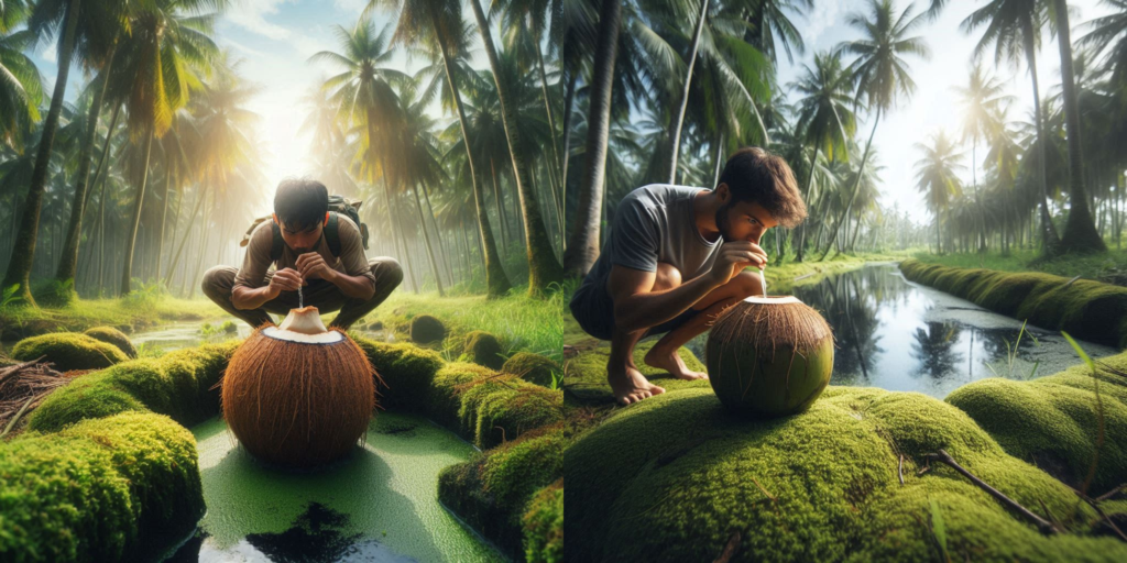 A refreshing glass of coconut water with a straw, surrounded by fresh green coconuts and ice cubes on a tropical wooden table.