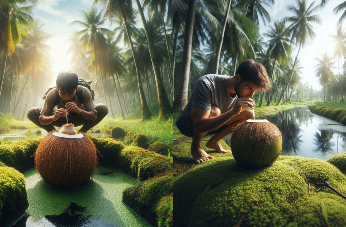 A refreshing glass of coconut water with a straw, surrounded by fresh green coconuts and ice cubes on a tropical wooden table.